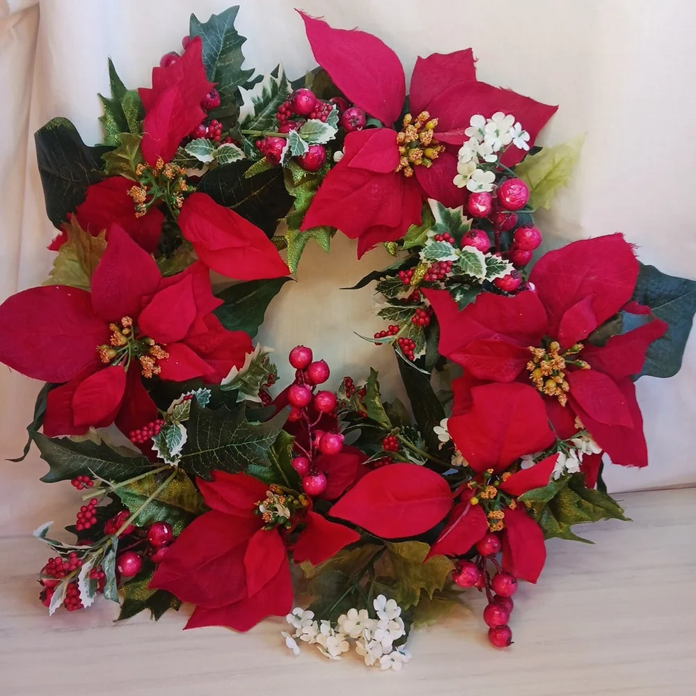 Poinsettia Berry Christmas Wreath 14 Inch Holiday Door Faux Flowers